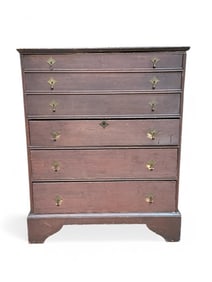 American William and Mary Red Stained Pine Mule Chest, 18thc.
