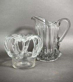 Early Blown Glass Large Flower Frog and Molded Pitcher