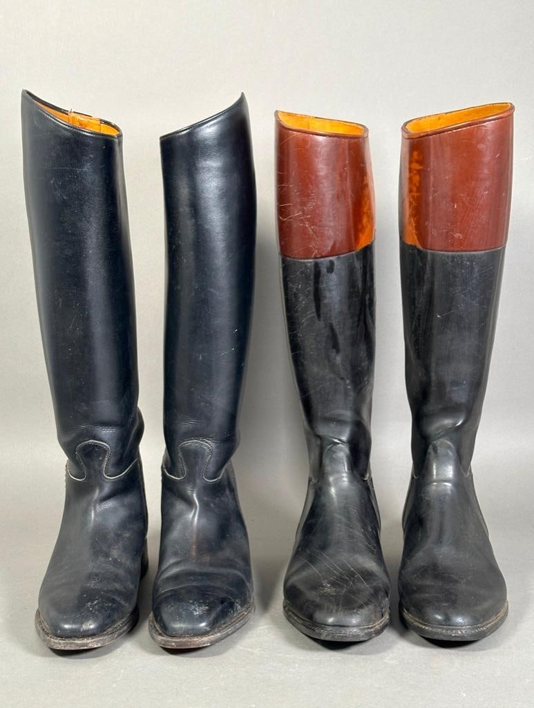 Two Pairs of Vintage Riding Boots: Two Pairs of Vintage Riding Boots, one pair in leather, the other in two toned lined rubber. Dimensions: 20 in.h. x 11.5 in.l. Two tone pair are made in Holland, men's size 9-1/2. Black leather pair d