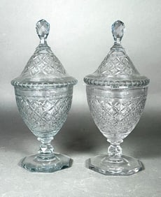 Pair of English Georgian Style Cut Glass Covered Sweetmeat Jars