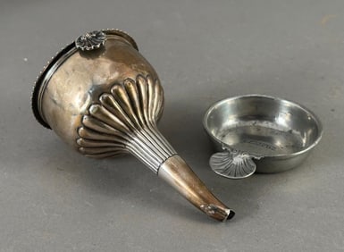English Silver Wine Funnel and Pewter Tastevin