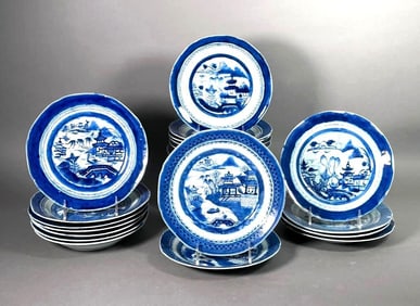 Twenty One Chinese Canton Blue and White Porcelain Dishes
