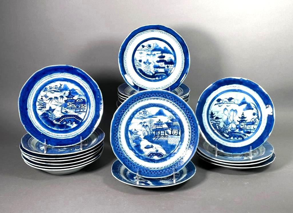 Twenty One Chinese Canton Blue and White Porcelain Dishes (1 of 7)