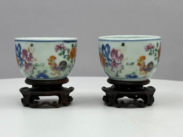Pair of Chinese Famille Porcelain Boy and Chicken Cups