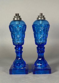 Pair of Three Printie Block Sapphire Sandwich Glass Whale Oil Lamps, Pre Civil War