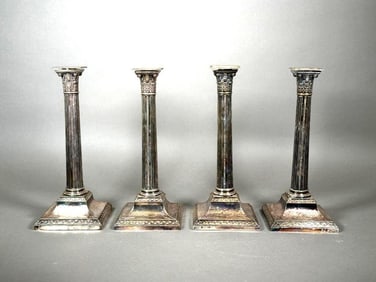 Four English Silver Plated Columnar Candlesticks