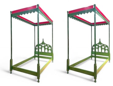 Pair of Gothic Style Green Painted Twin Beds by Chatsworth