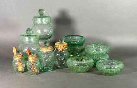 Group of Assorted Verrerie de Biot Green Bubble Glassware