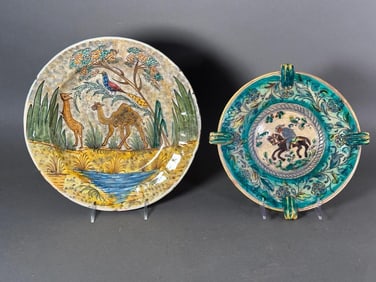 Persian Glazed Charger Decorated with Animals and an Italian Majolica Charger