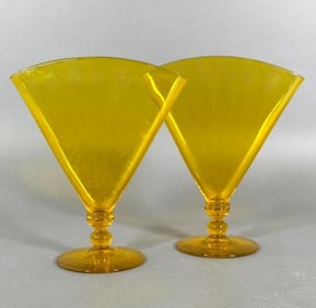Pair of Steuben Bristol Yellow Fan Vases