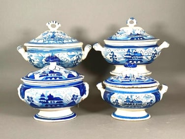 Four Portuguese or Dutch Tin Glazed Faience Tureens, early 19thc.