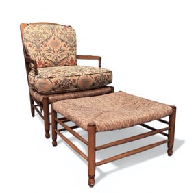 French Provincial Style Upholstered Rush Seat Armchair and Ottoman