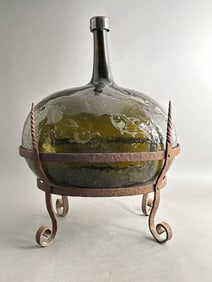 Blown Glass Demijohn in Stand with Engraved Decoration
