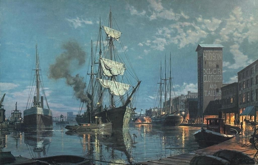 John Stobart Lithograph, "Moonlight Arrival on the Cuyahoga, c.1876" (1 of 9)