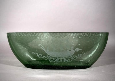 Blown and Engraved Green Glass Center Bowl