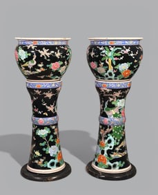 Pair of Chinese Famille Noire Glazed Jardinieres on Pedestals