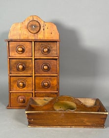 A Pine Hanging Spice Box and Wood Tray