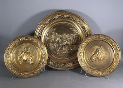 Three Brass Equestrian Subject Repousse Chargers, Early 20thc.