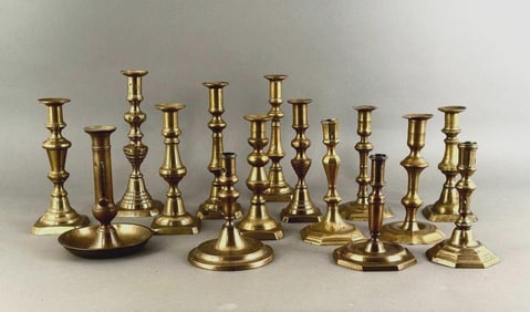 Fifteen Assorted Antique Brass Candlesticks