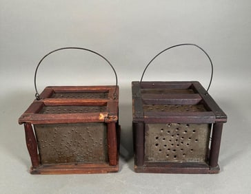 Two American Pine and Punched Tin Foot Warmers, 19thc.
