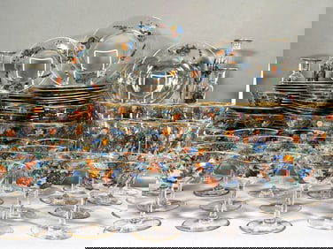 Large Service of Hand Painted Glass Dinnerware