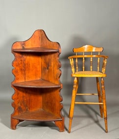 Small American Pine Corner Shelf and Child's High Chair, 19thc.