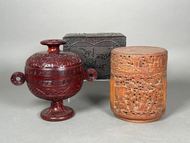 Three Chinese Carved Wood Boxes