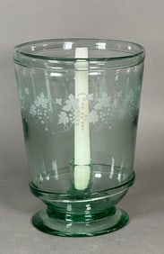 Blown Green Glass Hurricane with Engraved Decoration