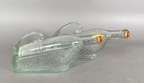 Pair of Molded Glass Wine Bottles in Pouring Baskets