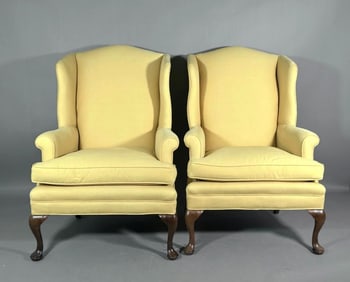 Pair of Queen Anne Style Upholstered Wing Back Armchairs, Modern