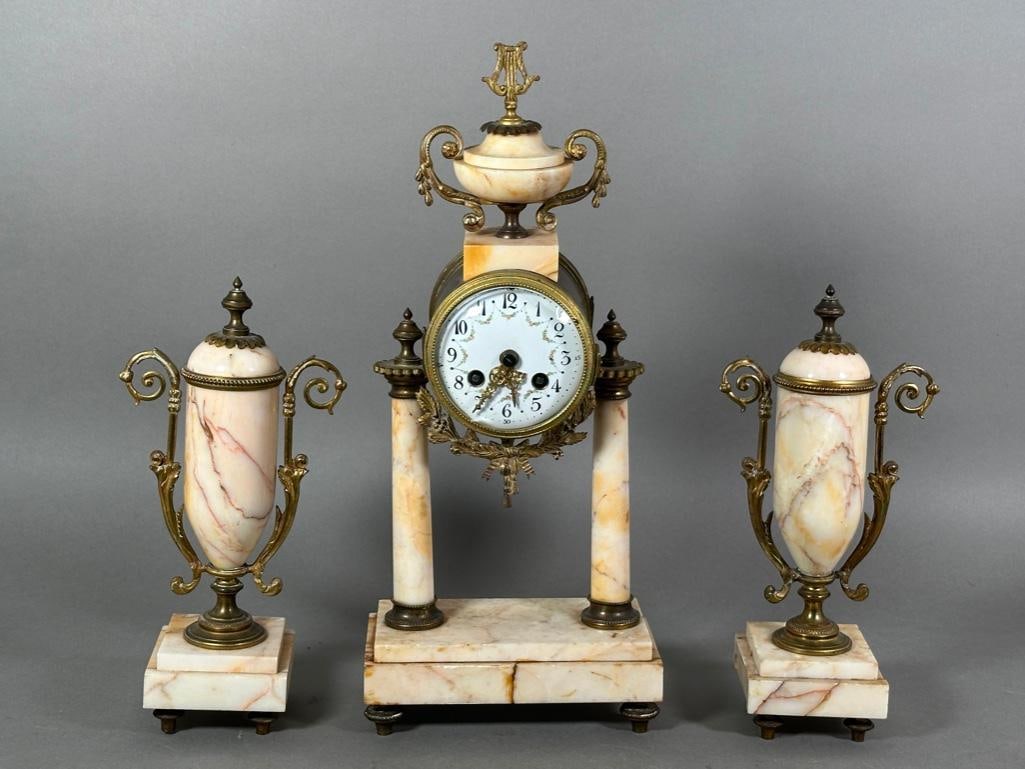 Marble and Bronze Three Piece Clock Garniture (1 of 13)