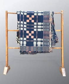 American Woven Jacquard Wool Coverlet and Quilt Rack