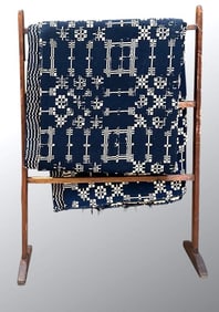 American Woven Jacquard Wool Coverlet and Quilt Rack