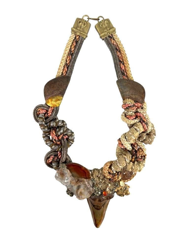 Alex and Lee Handmade Neck Sculpture: Alex and Lee Handmade Neck Sculpture, c.1970's, incorporating a large shark's tooth, with crystal elements, hand dyed silk and metallic thread cords and various semi-precious stones and resin.
