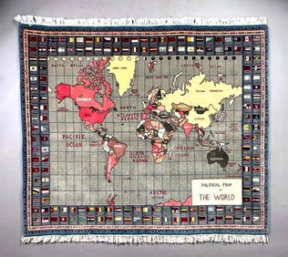 Afghan Wool Map of the World Carpet, 4’3" x 5’2"