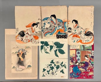 Chikanobu Yoshu Color Wooblock Triptych, "Washing Fruit" and More