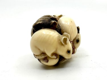 Japanese Netsuke, Seven Mice in a Ball, Signed Tomochika
