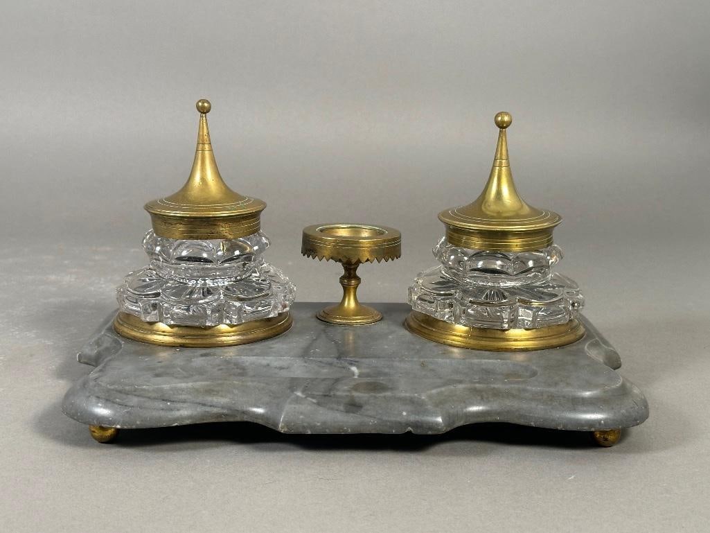 Antique Brass and Marble Standish (1 of 8)