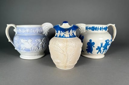 Three Jasperware Type Pitchers, Early 19thc.