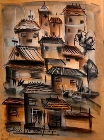 Sascha Brastoff Chalk Drawing, Village on a Hill