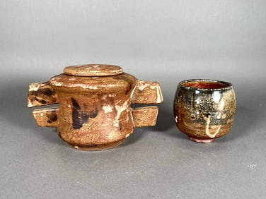 Japanese Glazed Bizen Ware Tea Bowl and Handled Covered Vessel, 20thc.