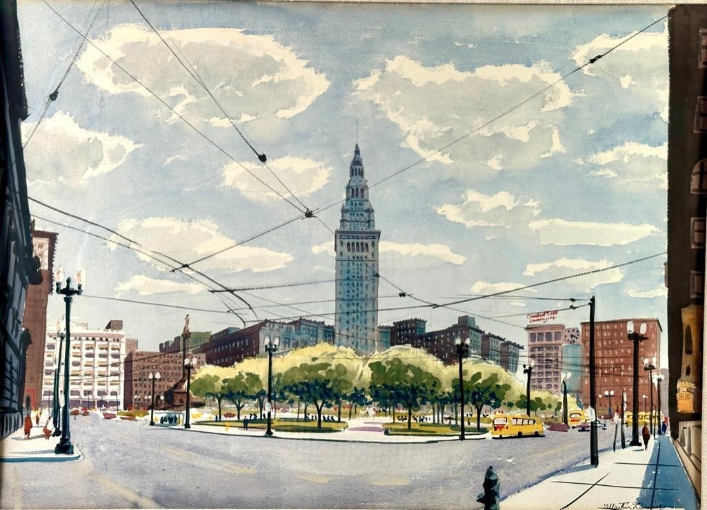 Martin Linsey Watercolor, Downtown Cleveland with Terminal Tower and Public Square (1 of 12)