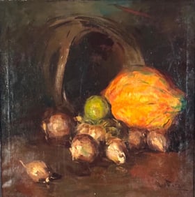 William Frederick Foster Oil, Still Life with Squash, Onions and Green Apple