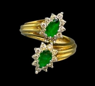 14K Yellow Gold, Emerald and Diamond Bypass Ring
