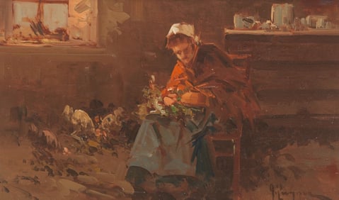 Antonio Pecoraro Oil, Kitchen Scene, Woman with Vegetables