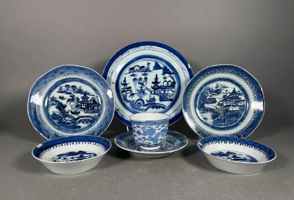 Lot of Assorted Blue and White Canton : Lot of Assorted Blue and White Canton, in graduated sizes, with a modern Chinese transferware cup decorated with dragons. Dimensions: 10 in.-5.5 in. dia. Condition: As is with chips and losses.