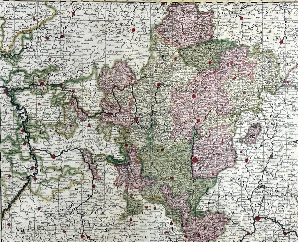 "Circulus Franconias Divisa in Ducatus Coburgi...", Valk, ca. 1698: Amsterdam, ca. 1698. Map of Franconia region of Germany by Gerard and Leonard Valk.Â Framed map with old hand coloring. Beautifully matted and framed. Sight size apprxÂ 20-1/2" x 23-1/2", 