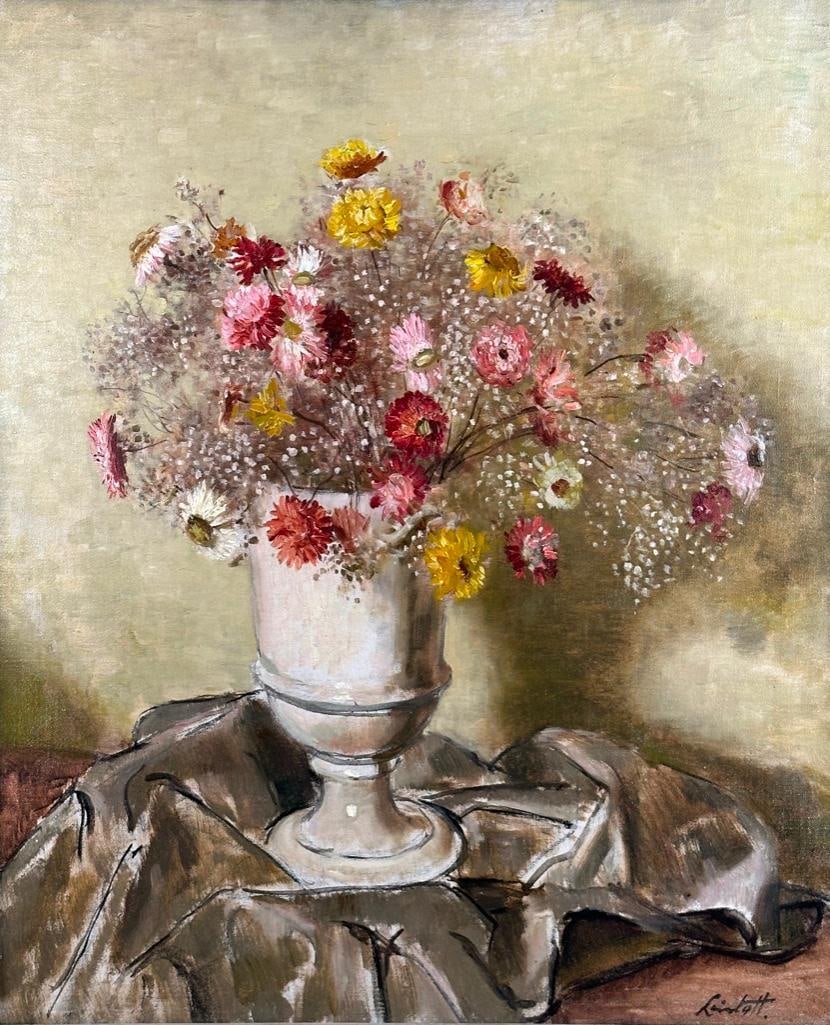 Edward Barnard Lintott Oil, "Straw Flowers" : Edward Barnard Lintott (American 1875-1951) Straw Flowers, oil on canvas, signed lower right, framed. Dimensions: 24 x 19.5 in. canvas size. Condition: Relined. No damage or restoration visible under