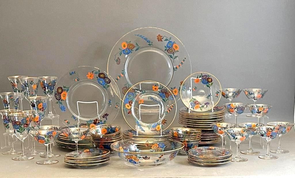 Hand Painted Glass Dinnerware, Service for Eight, Early 20thc.: Hand Painted Glass Dinnerware, Service for Eight, Early 20thc. In colorless glass hand painted with floral sprigs in blue, orange, purple, green and yellow with gilded accents, Comprising; 8 Dinner Pl