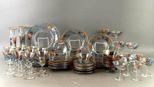 Hand Painted Glass Dinnerware, Service for Eight, Early 20thc.